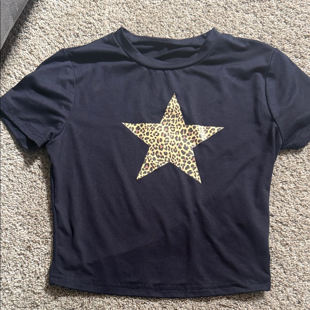 SHEIN Black Crop Top with Leopard Star